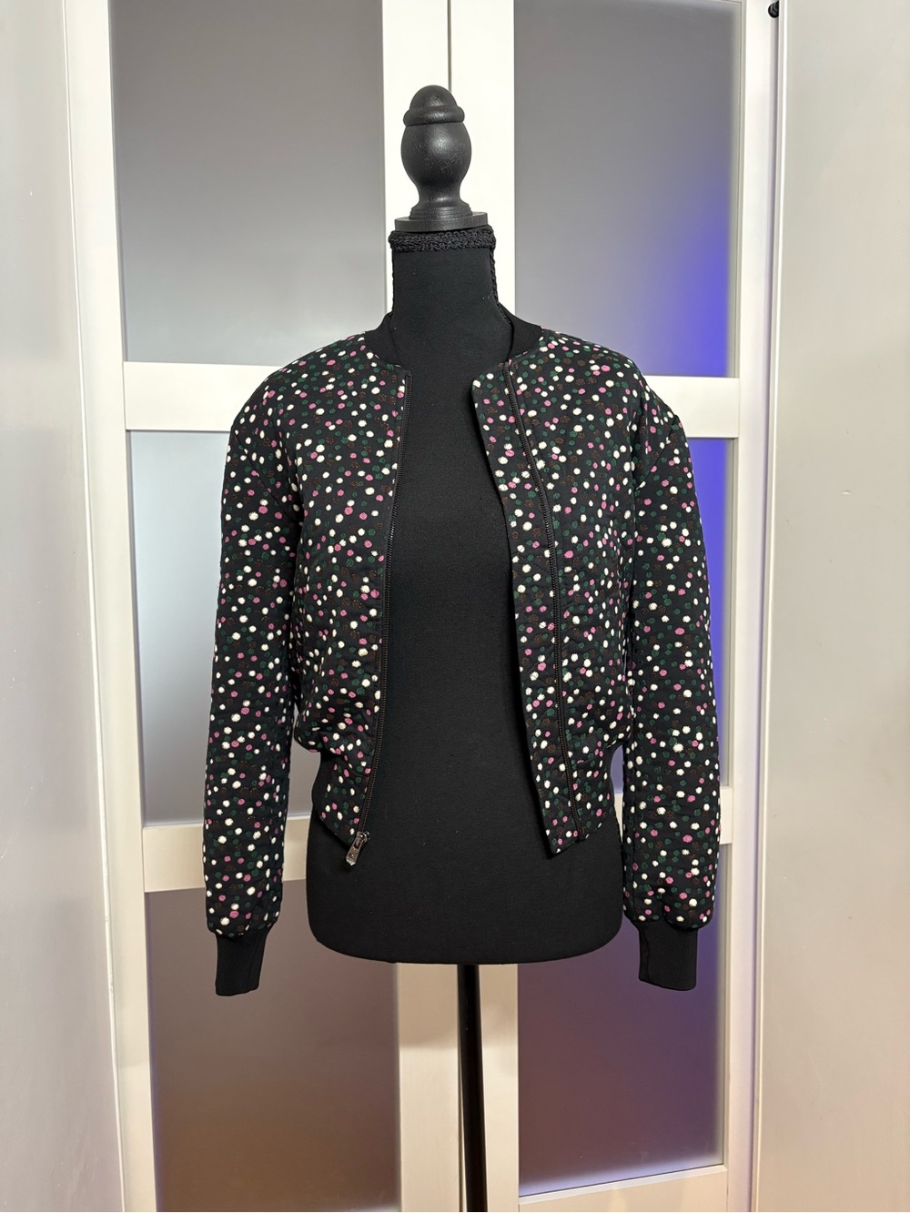 Diane von Furstenberg Black Quilted Polka Dot Bomber, size 00